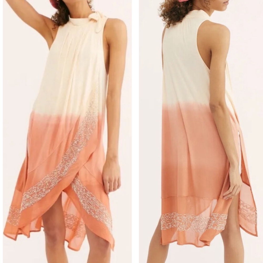 Free People NWT Cream Ombré Dip Dye Beaded Dance With Me Tunic Dress Size XS